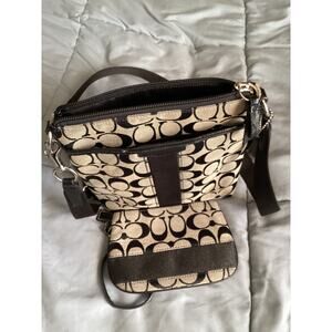 COACH Grey/Black Signature Canvas Crossbody and matching wristlette leather trim